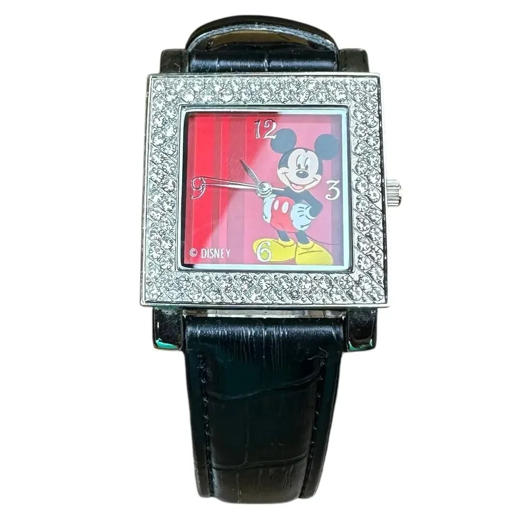 Vintage Disney Mickey Mouse Watch Reptile Print Band Swarovski Type Crystals